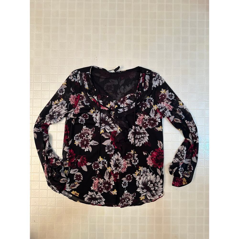 White House Black Market Blouse Ladies Size Medium Floral on Black Background